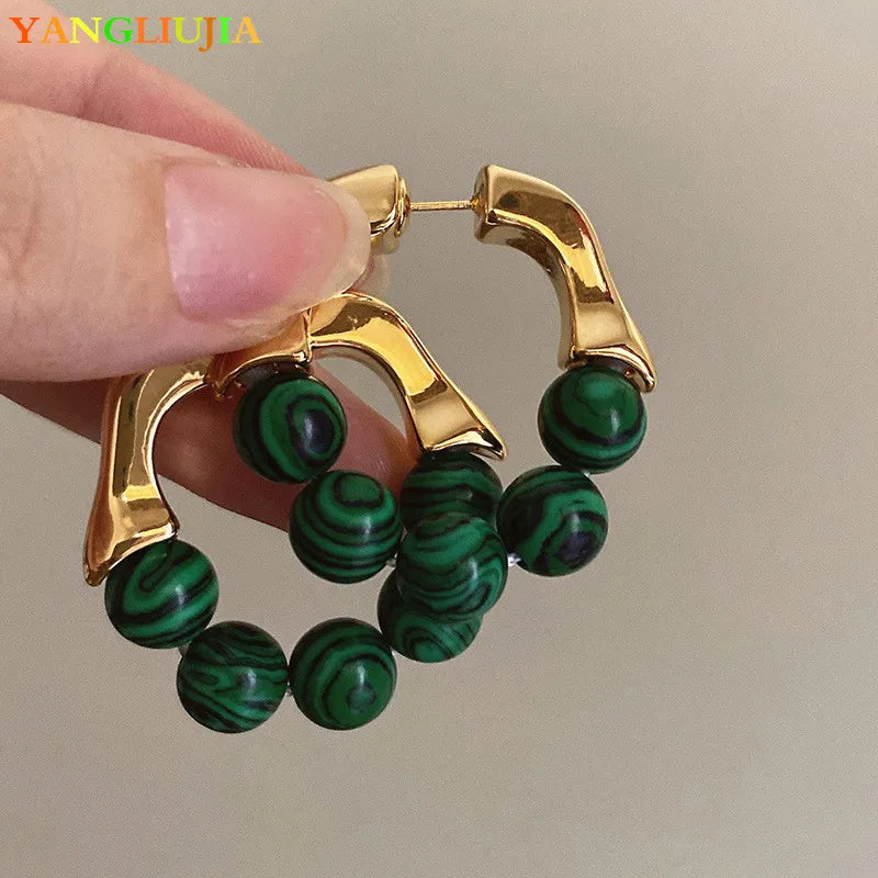 Green Bead Metal Stud Earrings