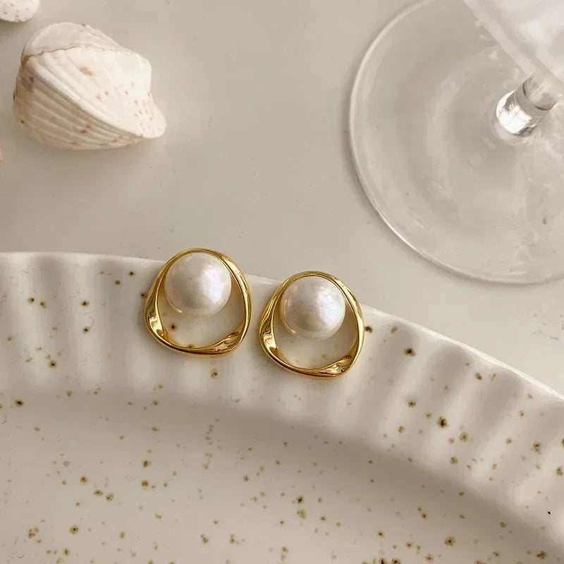 Gold Round Pearl Stud Earrings