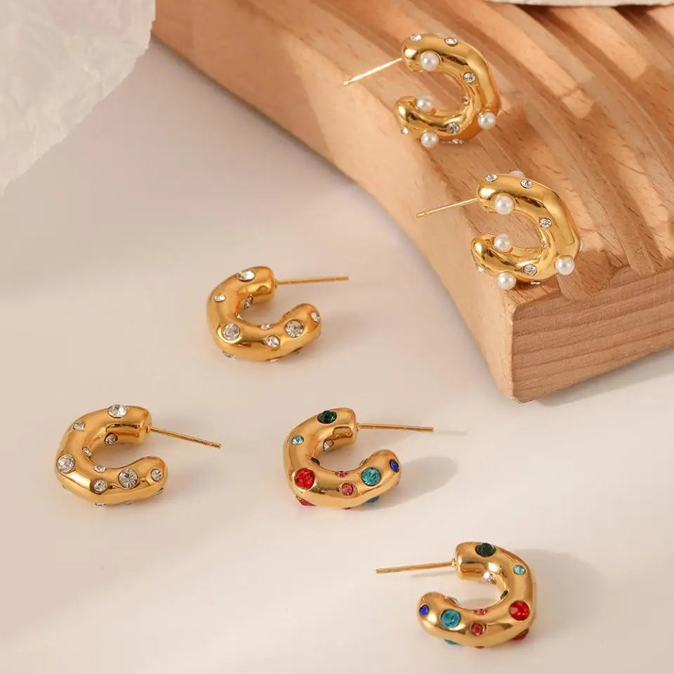 Chunky Gold-Plated Pearl Zircon Earrings