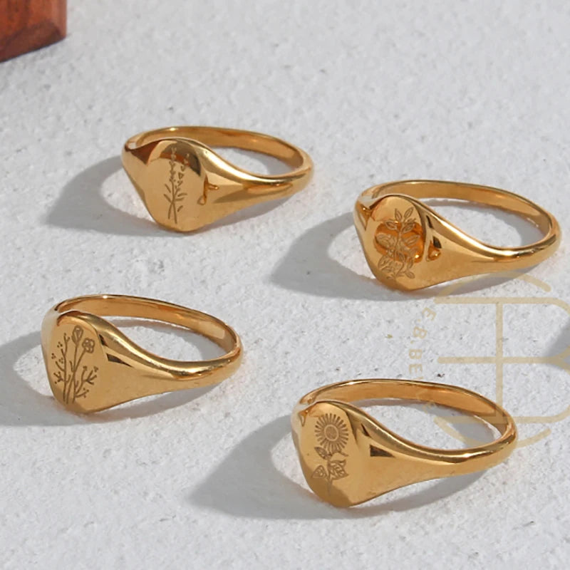 Tarnish-Free 18K Gold Plated Wildflower Signet Rings