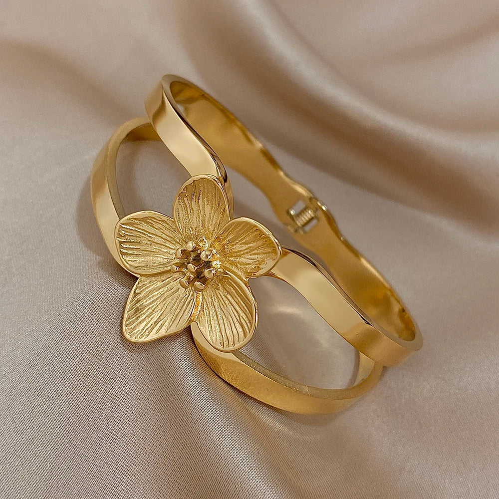 Chunky Gold-Plated Flower Cuff Bracelet