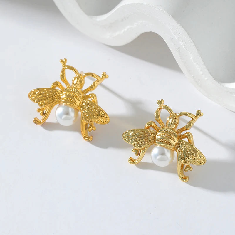 Stainless Steel Bee Pearl Earrings