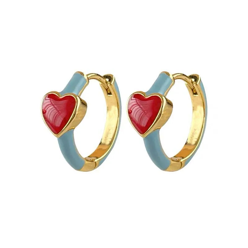 Vintage Red Enamel Heart Huggie Hoop Earrings – Elegant Blue Drip Oil Wedding Jewelry