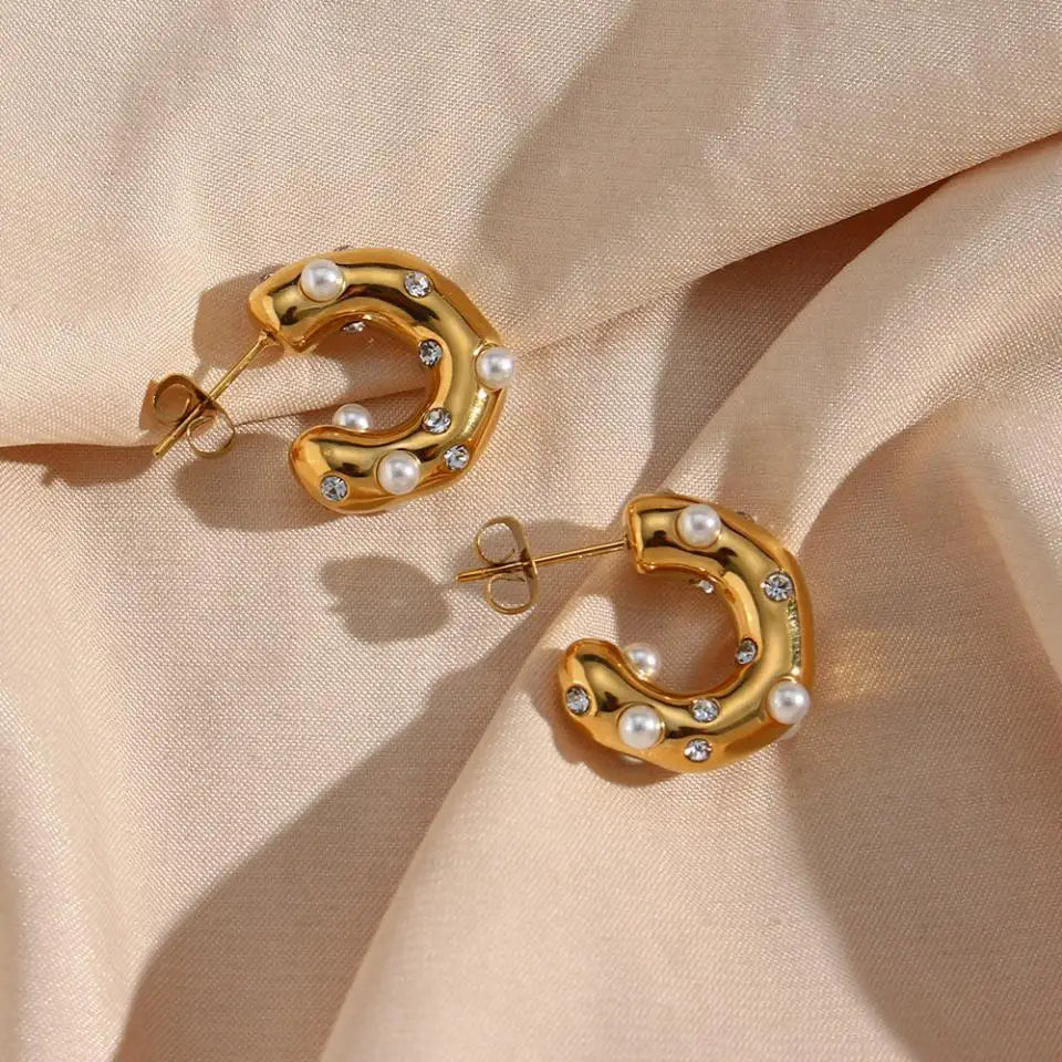 Chunky Gold-Plated Pearl Zircon Earrings