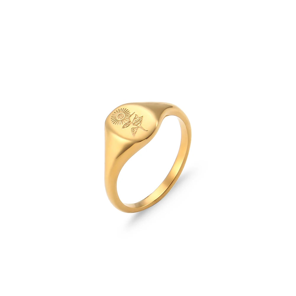 Tarnish-Free 18K Gold Plated Wildflower Signet Rings