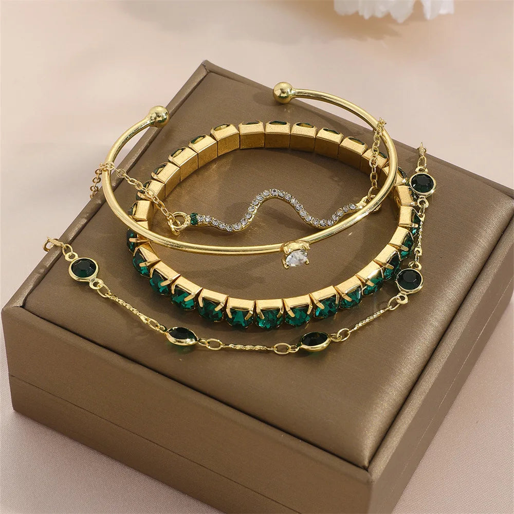 4Pcs Green Gemstone Snake Bangles Set - Rhinestone Metal Bracelets for Women