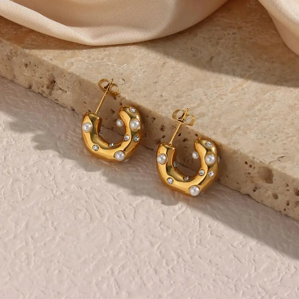 Chunky Gold-Plated Pearl Zircon Earrings