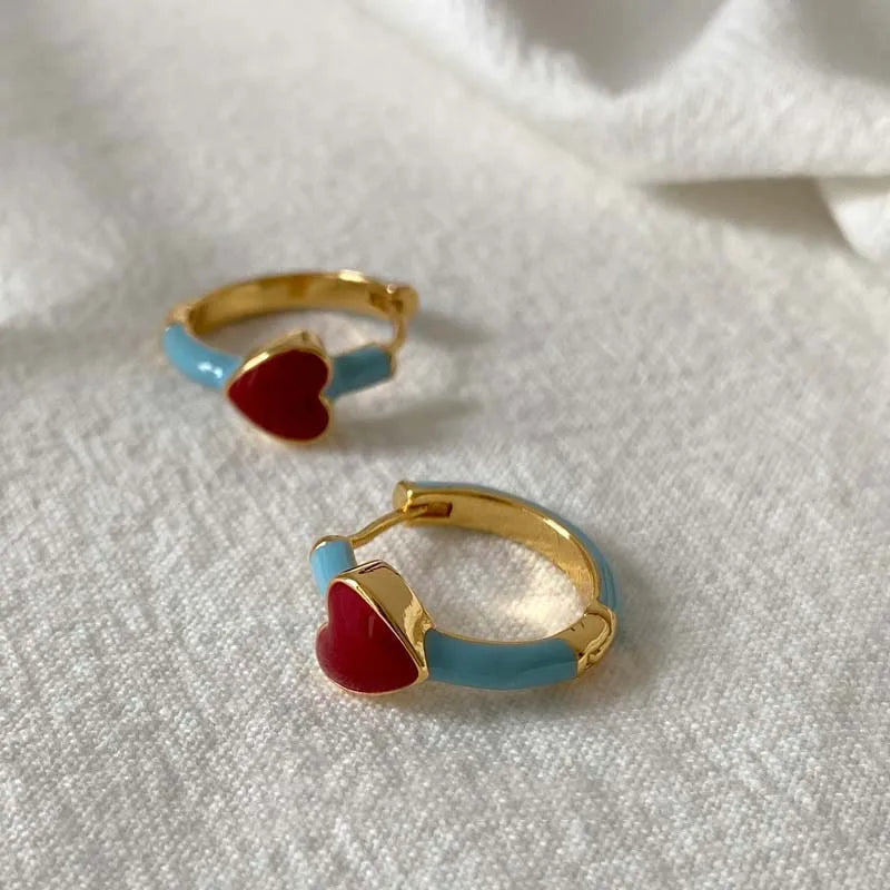 Vintage Red Enamel Heart Huggie Hoop Earrings – Elegant Blue Drip Oil Wedding Jewelry