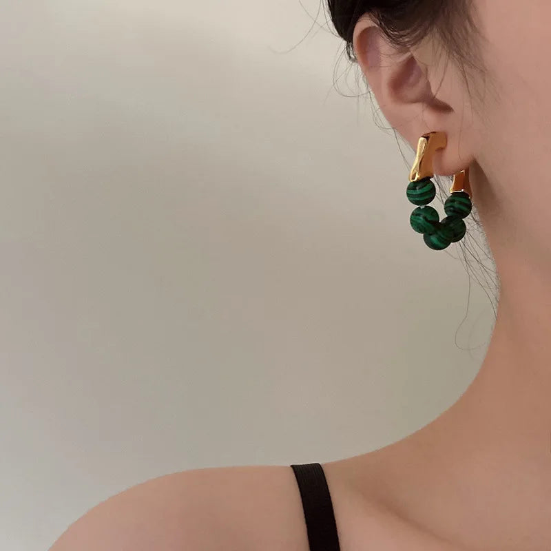 Green Bead Metal Stud Earrings