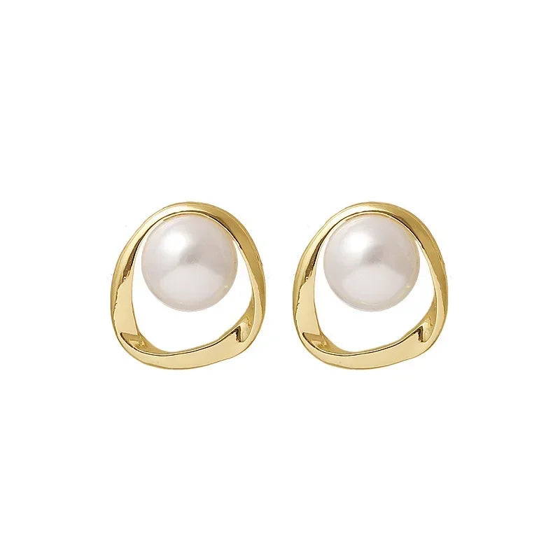 Gold Round Pearl Stud Earrings