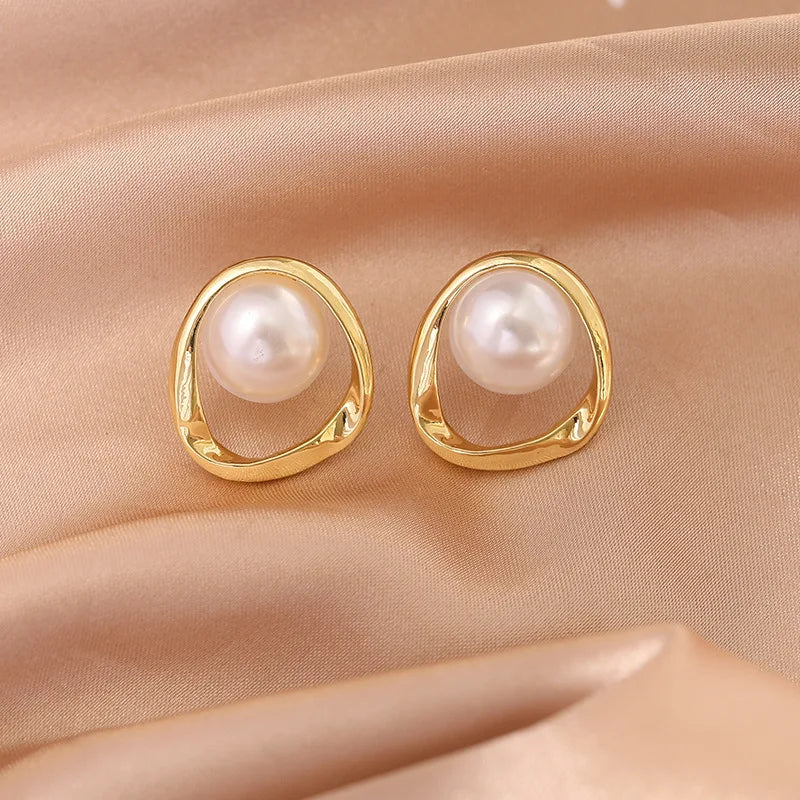 Gold Round Pearl Stud Earrings