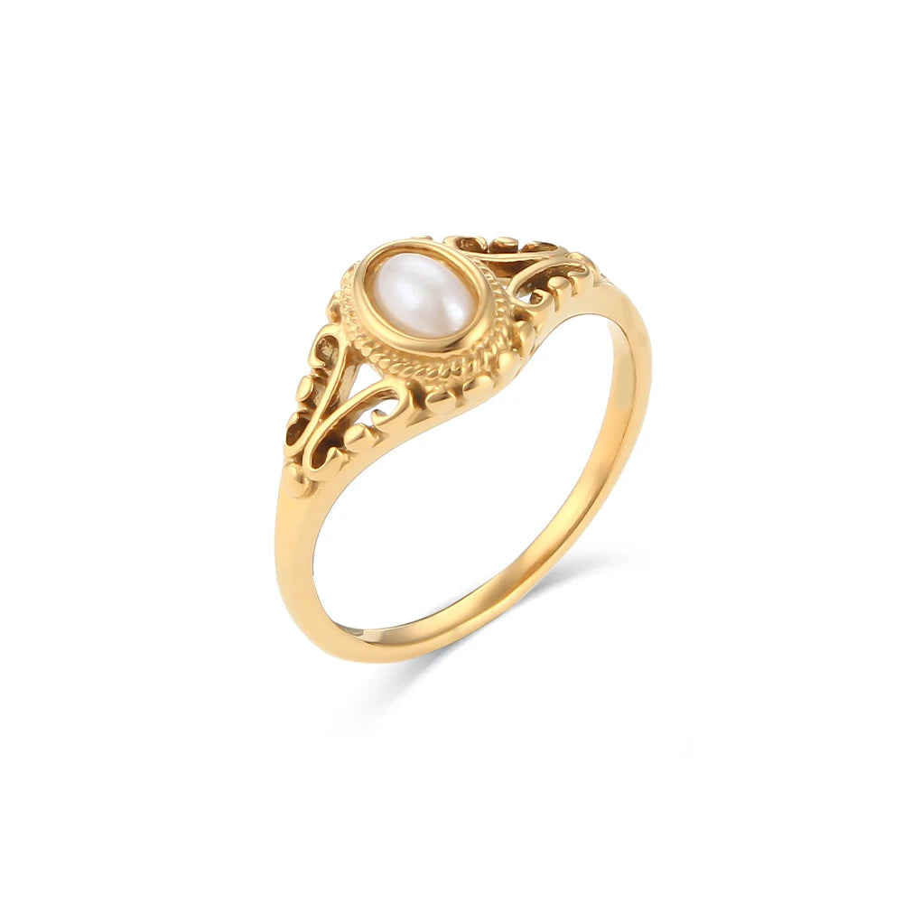 Thin 18K Gold Plated Hollow Texture Freshwater Pearl Ring