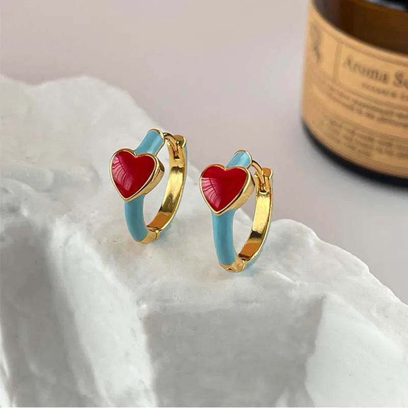 Vintage Red Enamel Heart Huggie Hoop Earrings – Elegant Blue Drip Oil Wedding Jewelry