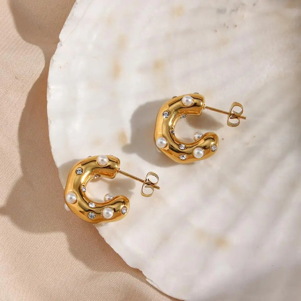 Chunky Gold-Plated Pearl Zircon Earrings