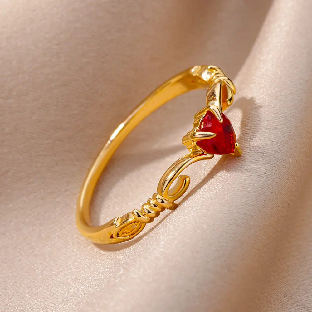 Red Heart Zircon Ring – Gold Color Stainless Steel Wedding and Engagement Jewelry for Women