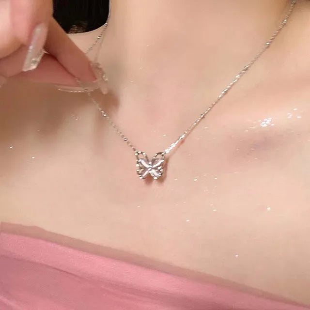 Korean Fashion Pink Crystal Heart Bow Tie Pendant