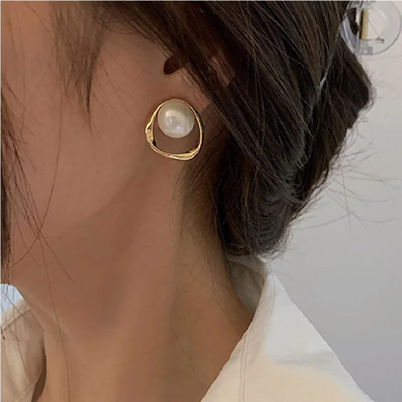 Gold Round Pearl Stud Earrings