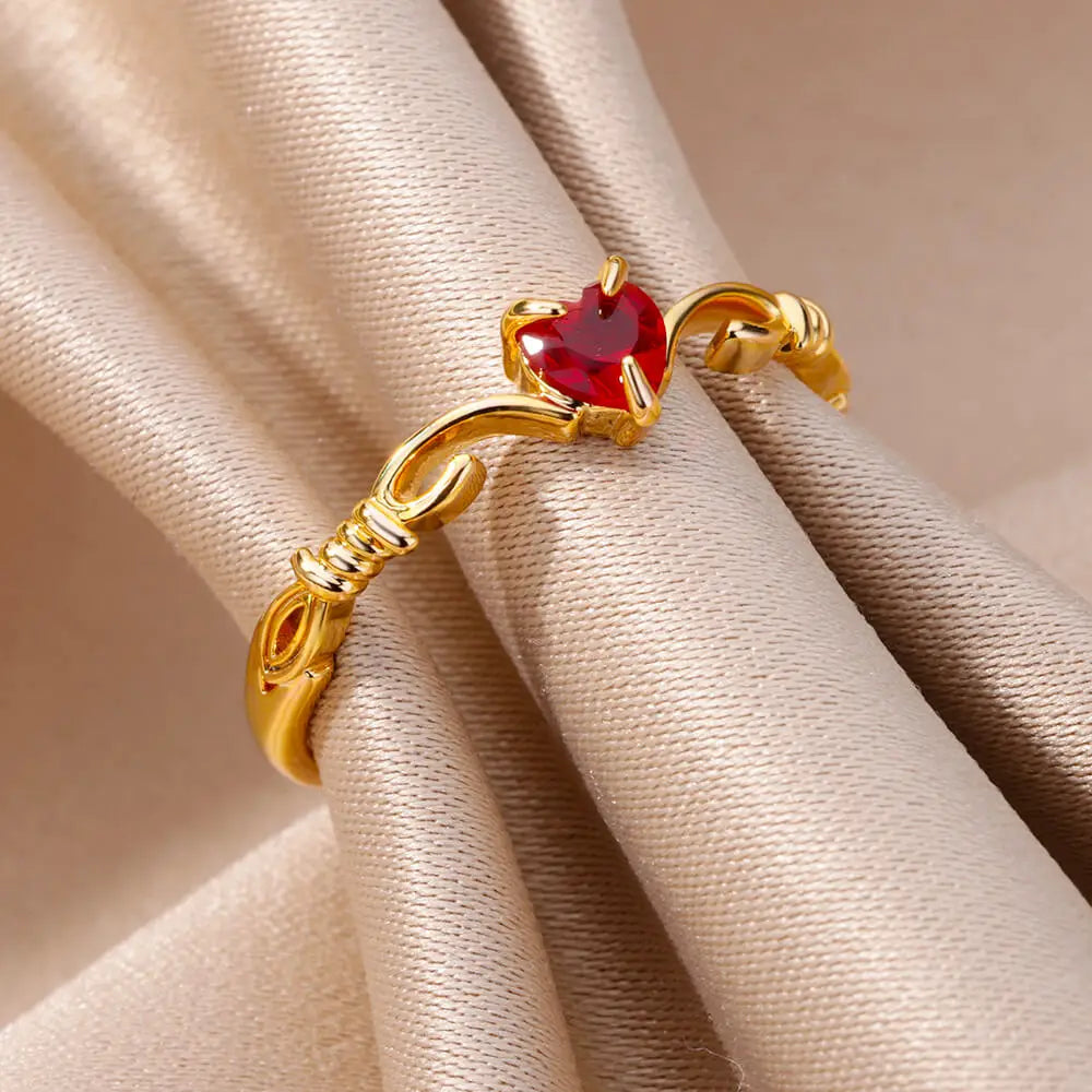 Red Heart Zircon Ring – Gold Color Stainless Steel Wedding and Engagement Jewelry for Women