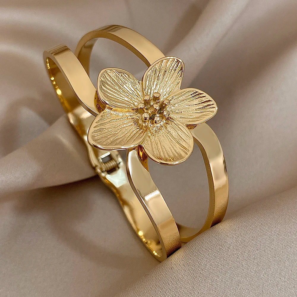 Chunky Gold-Plated Flower Cuff Bracelet