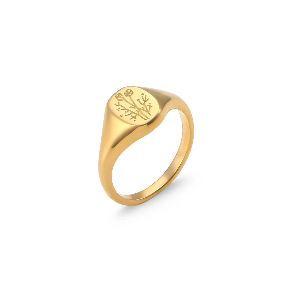 Tarnish-Free 18K Gold Plated Wildflower Signet Rings