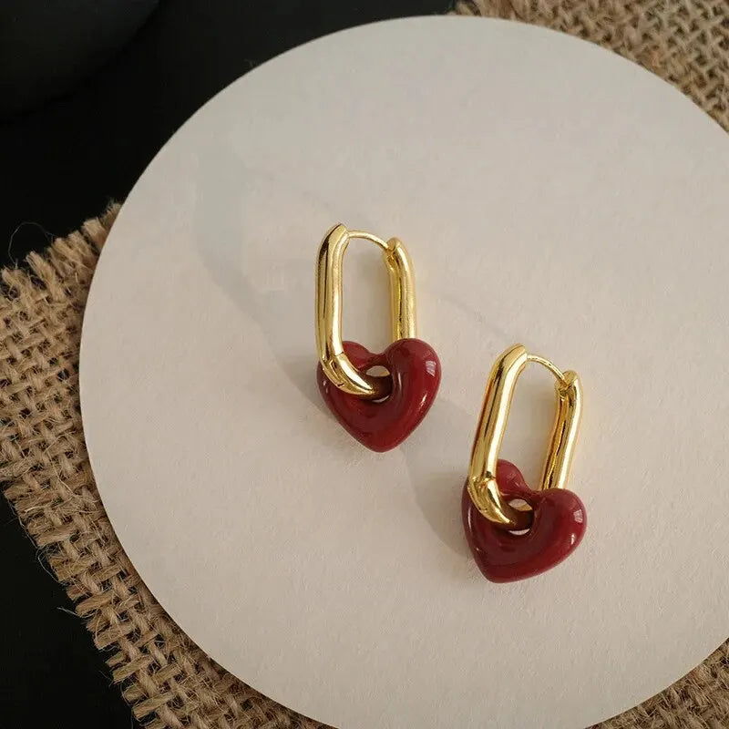 Geometric Red Heart Earrings - Stylish & Cute