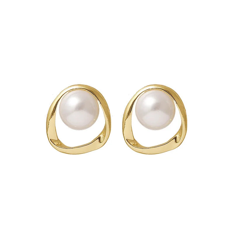 Gold Round Pearl Stud Earrings