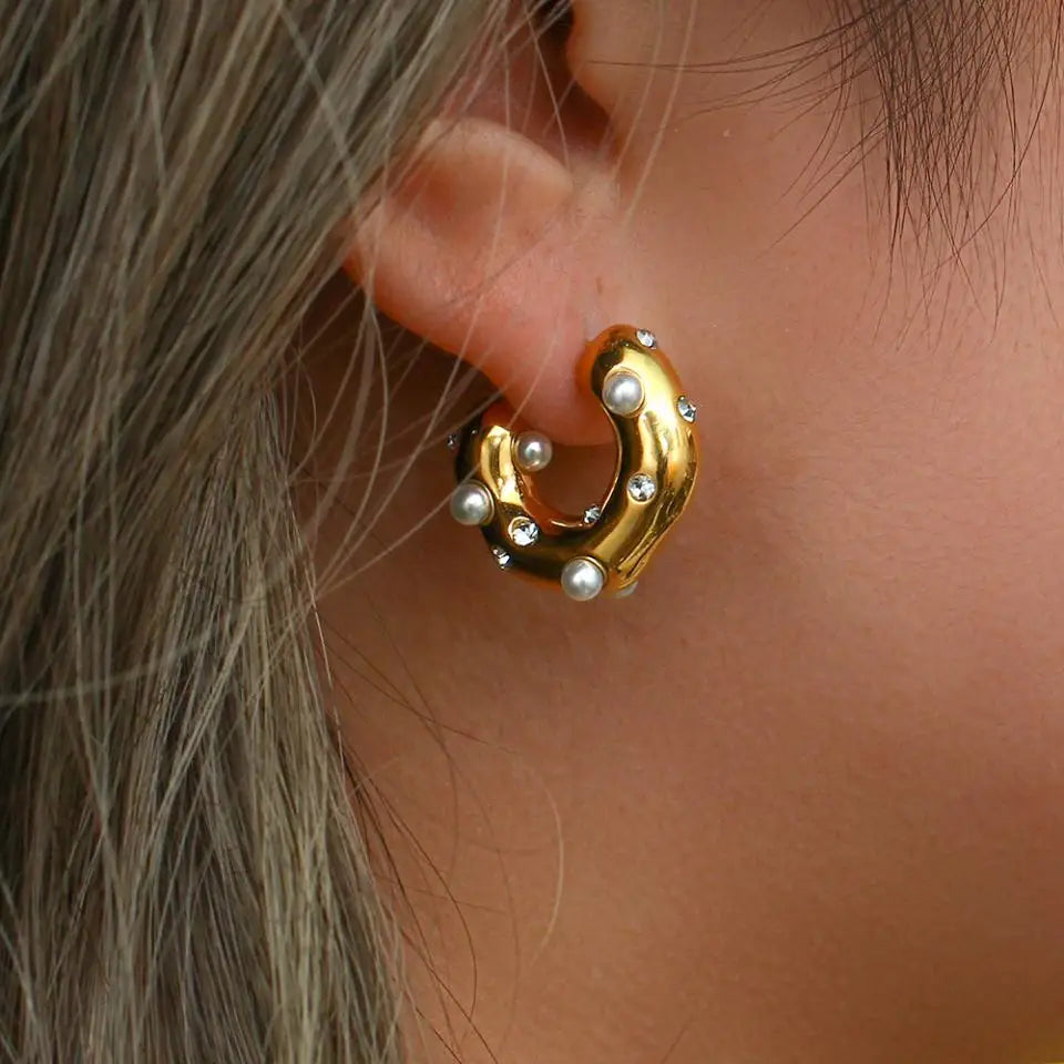 Chunky Gold-Plated Pearl Zircon Earrings