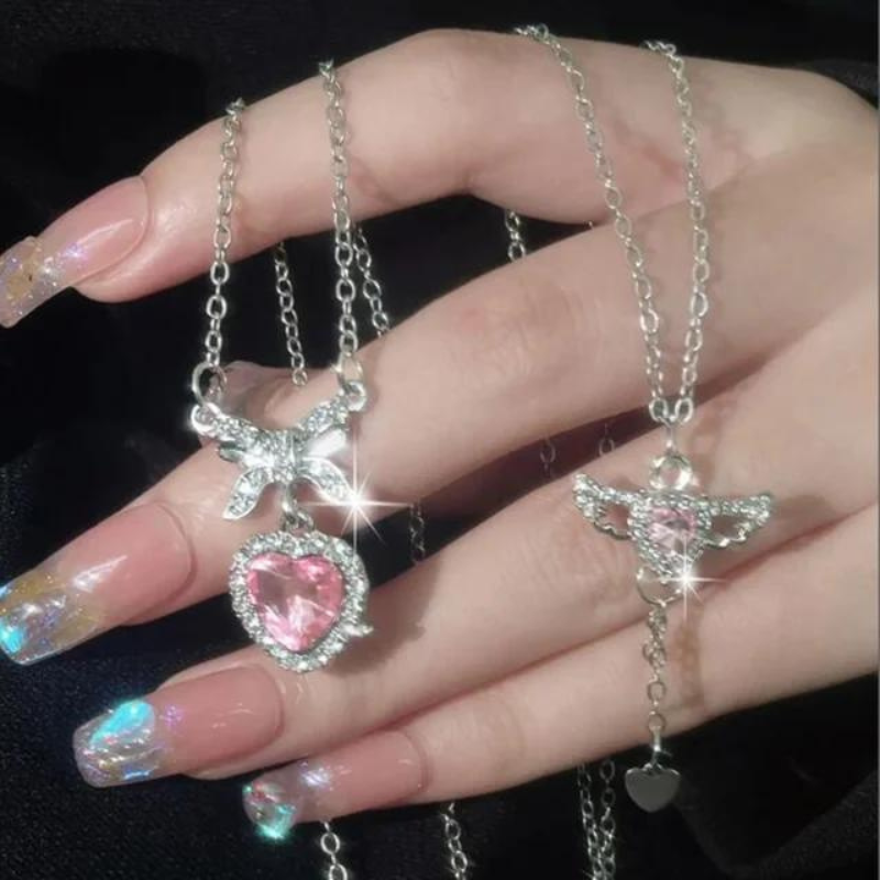 Crystal Angel Wings Heart Pendant Necklaces