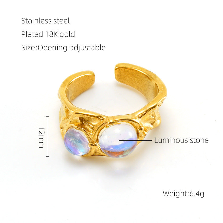 Retro Titanium Steel Moonstone Ring Hip Hop Irregular Geometry