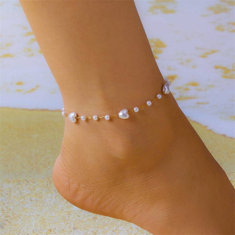 Love Heart Imitation Pearl Bracelet Anklet Suit Women's