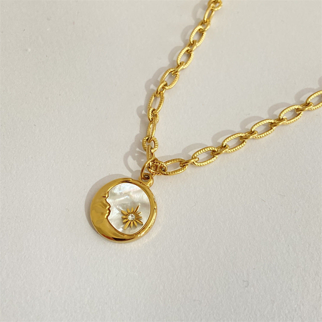 Sun Moon Round Mother Shell Pendant Necklace